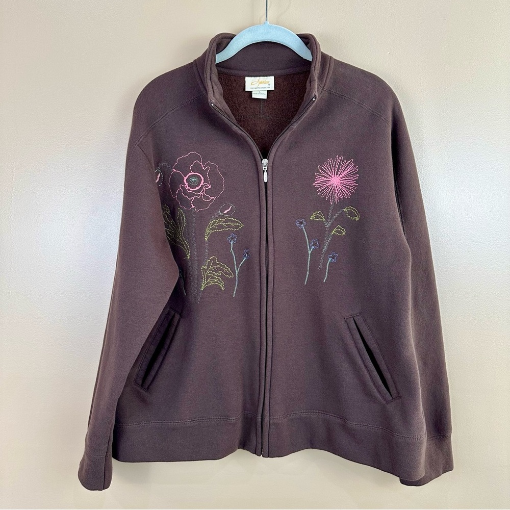 Artisans Brown Floral Embroidered Zip-Up Fleece Jacket Large Casual Cozy